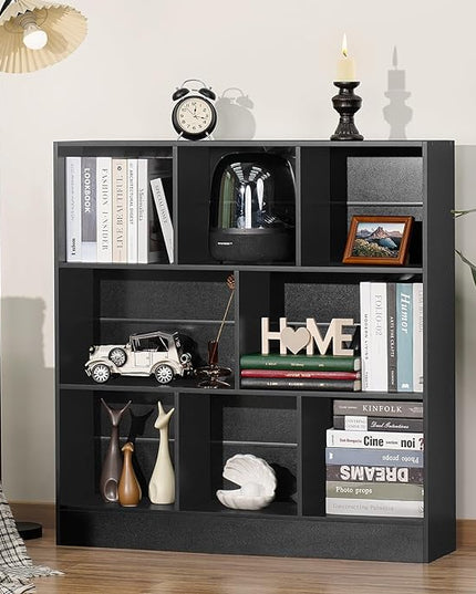 YAHARBO Black Wide Bookshelf,3 Tier Modern Horizontal Bookcase,Wood Low Bookshelves Display Storage Cabinet with Base,Floor Standing 8 Cube Large Bookcases Organizer for Bedroom,Living Room,Office - LeafyLoom