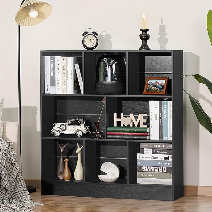 YAHARBO Black Wide Bookshelf,3 Tier Modern Horizontal Bookcase,Wood Low Bookshelves Display Storage Cabinet with Base,Floor Standing 8 Cube Large Bookcases Organizer for Bedroom,Living Room,Office - LeafyLoom