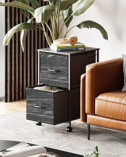 DEVAISE 2 Drawer Mobile File Cabinet, Rolling Printer Stand, Fabric Vertical Filing Cabinet fits A4 or Letter Size for Home Office, Charcoal Black Wood Grain Print - LeafyLoom