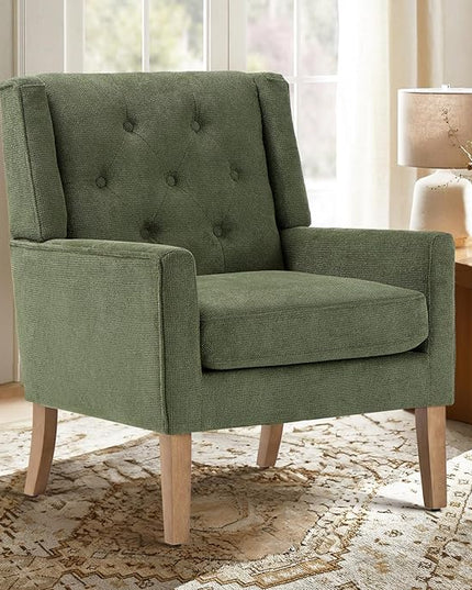 COLAMY Mid-Century Accent Chairs, Modern Wingback Living Room Chair, Upholstered Armchair with Button Tufted Back and Wood Legs for Bedroom/Office/Reading Spaces, Green - LeafyLoom