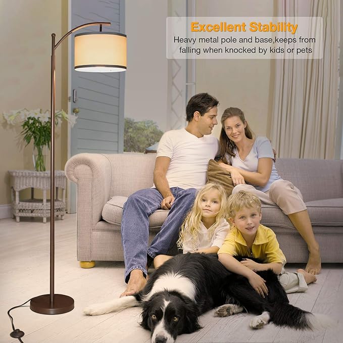 Dimmable Floor Lamp,Standing Lamp with Dimmer Brown Tall Pole Lamp with Adjustable Lamp Head Modern Floor Lamp with Hanging Shade Reading Floor Light for Living Room Bedroom 8W Bulb Included - LeafyLoom
