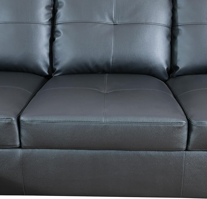 ROOMTEC Button L Shape 3 Piece Sectional Sofa Set, Upholstered Corner Couch with Storage Ottoman, Faux Leather Tufted Cushions, for Living Room, Apartment, 103inch, Black w/Left Chaise Lounge - LeafyLoom