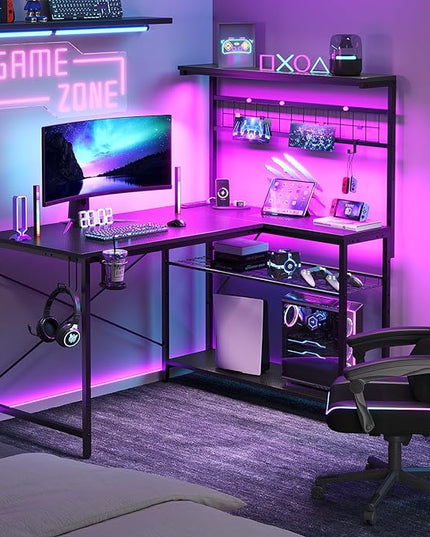 Bestier Gaming Desk with Power Outlets,42 Computer Desk with LED Lights, Reversible Corner Desk with 4-Tier Shelves,Cup Holder & Hook for Home Office,Carbon Fiber Black - LeafyLoom