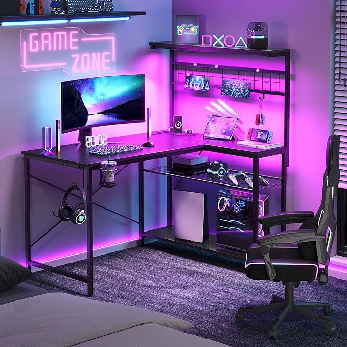 Bestier Gaming Desk with Power Outlets,42 Computer Desk with LED Lights, Reversible Corner Desk with 4-Tier Shelves,Cup Holder & Hook for Home Office,Carbon Fiber Black - LeafyLoom