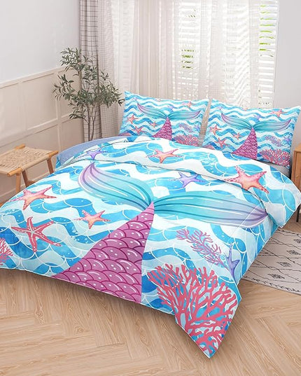 NINENINE Mermaid Tail Bedding Sets for Teens Girls, Princess Comforter Set, Blue Glitter Bedding Sets for Teens Girls,Sea Animal Kids Fish Scales Comforter Sets with 1 Comforter 2Pillowcases - LeafyLoom