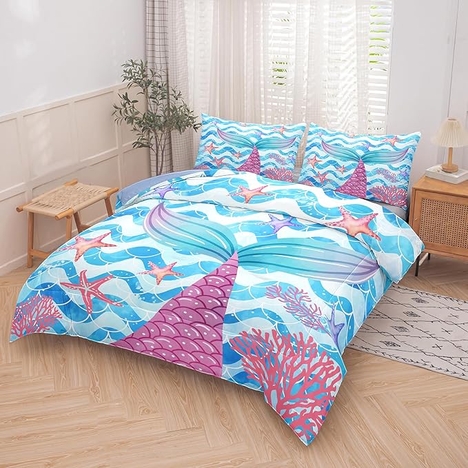 NINENINE Mermaid Tail Bedding Sets for Teens Girls, Princess Comforter Set, Blue Glitter Bedding Sets for Teens Girls,Sea Animal Kids Fish Scales Comforter Sets with 1 Comforter 2Pillowcases - LeafyLoom