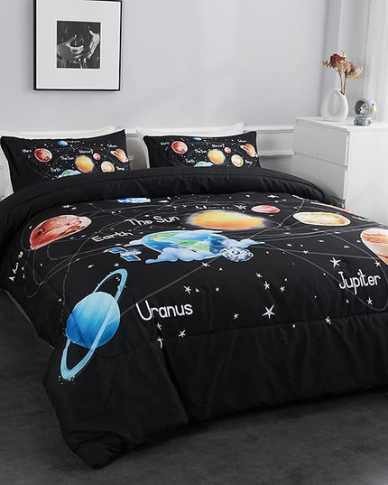 Solar System Comforter Set Queen Universe Planets Theme Bedding Set 3 Pieces 1 Space Comforter and 2 Pillow Shams for Boys Girls Kids Ultra-Soft Microfiber All Seasons for Bedroom Sofa - LeafyLoom
