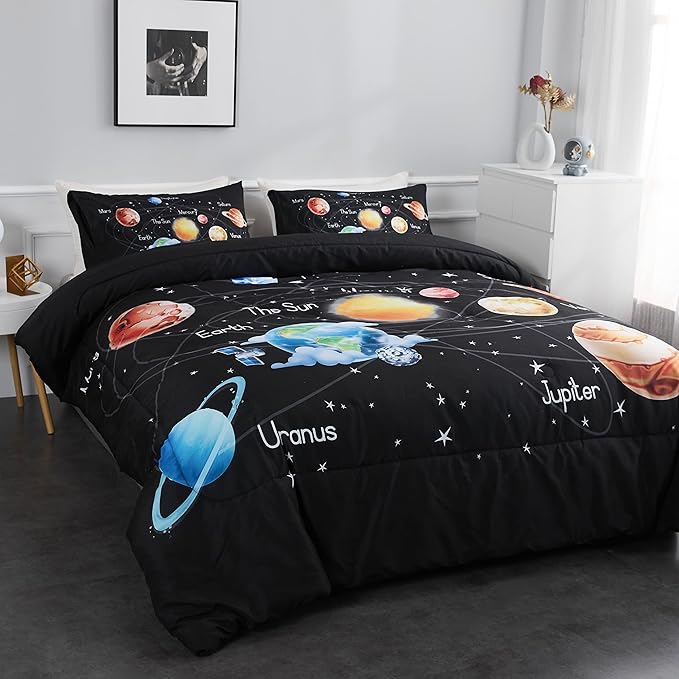 Solar System Comforter Set Queen Universe Planets Theme Bedding Set 3 Pieces 1 Space Comforter and 2 Pillow Shams for Boys Girls Kids Ultra-Soft Microfiber All Seasons for Bedroom Sofa - LeafyLoom