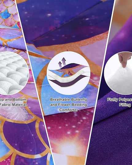ENCOFT Girls Comforter Sets Full Size, Pink and Purple 3D Mermaid Scale Comforter Set 3 Pieces with Pillow Shams, No Sheet, Full Size Kids Bedding Set, Girls Bedroom Decor - LeafyLoom
