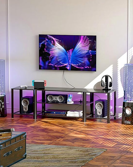 Industrial TV Stand with Power Outlet for 55/65/70/75 inch TVs, 3-Tier Entertainment Center, TV Console Table with Open Storage Shelves, Wood TV Stand for Living Room, Bedroom, Black - LeafyLoom