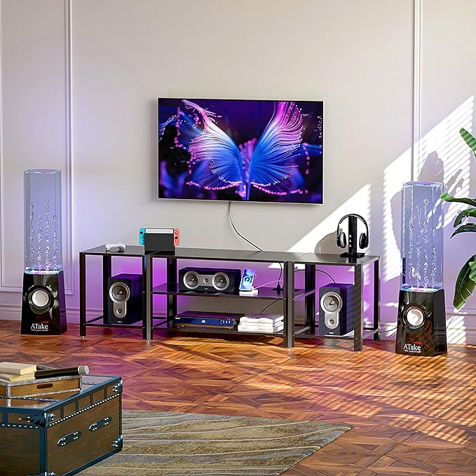 Industrial TV Stand with Power Outlet for 55/65/70/75 inch TVs, 3-Tier Entertainment Center, TV Console Table with Open Storage Shelves, Wood TV Stand for Living Room, Bedroom, Black - LeafyLoom