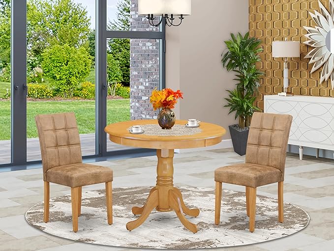 East West Furniture ANAS3-OAK-28 Antique 3 Piece Modern Set consists Room Table and 2 Brown Textured Faux Leather Upholstered Dining Chairs, Oak, 36x36 Inch - LeafyLoom