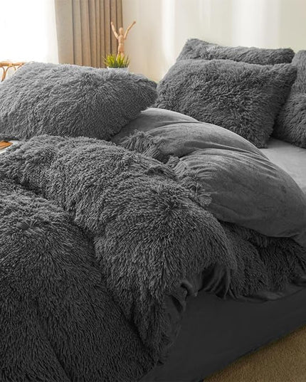 Fluffy Faux Fur dark grey Comforter Cover Set Queen - Ultra Soft Plush dark grey Bedding Sets 3 Pieces (1 fluffy duvet cover + 2 Faux Fur Pillow case) Cute dark grey Bed Set (Dark Grey, Queen) - LeafyLoom