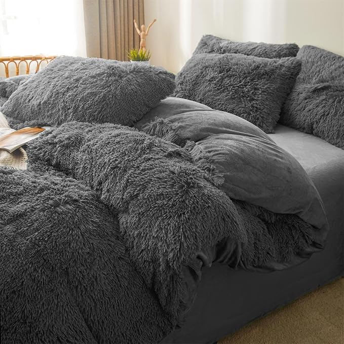 Fluffy Faux Fur dark grey Comforter Cover Set Queen - Ultra Soft Plush dark grey Bedding Sets 3 Pieces (1 fluffy duvet cover + 2 Faux Fur Pillow case) Cute dark grey Bed Set (Dark Grey, Queen) - LeafyLoom