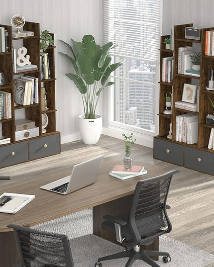 Unikito Bookshelf with 2 Drawers, Vintage Open Bookcase, Free Standing Book Shelf Organizer, Industrial Wood Bookshelves Storage Shelf, Book Case for Bedroom, Living Room, Home Office, Rustic Brown - LeafyLoom