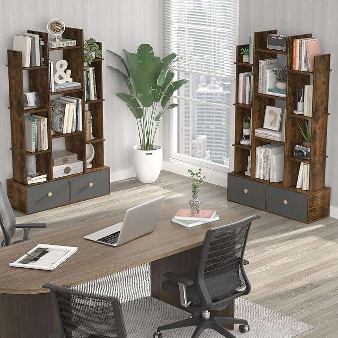 Unikito Bookshelf with 2 Drawers, Vintage Open Bookcase, Free Standing Book Shelf Organizer, Industrial Wood Bookshelves Storage Shelf, Book Case for Bedroom, Living Room, Home Office, Rustic Brown - LeafyLoom
