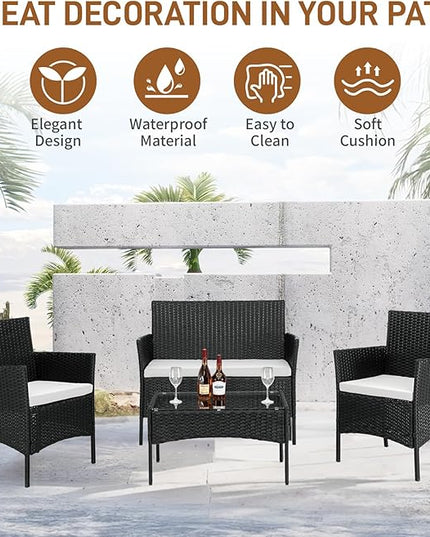 Outvita 4 Pieces Patio Furniture Set, Rattan Conversation Sets with Loveseat Soft Cushion and Glass Table for Garden Backyard Balcony Porch Poolside(Black) - LeafyLoom