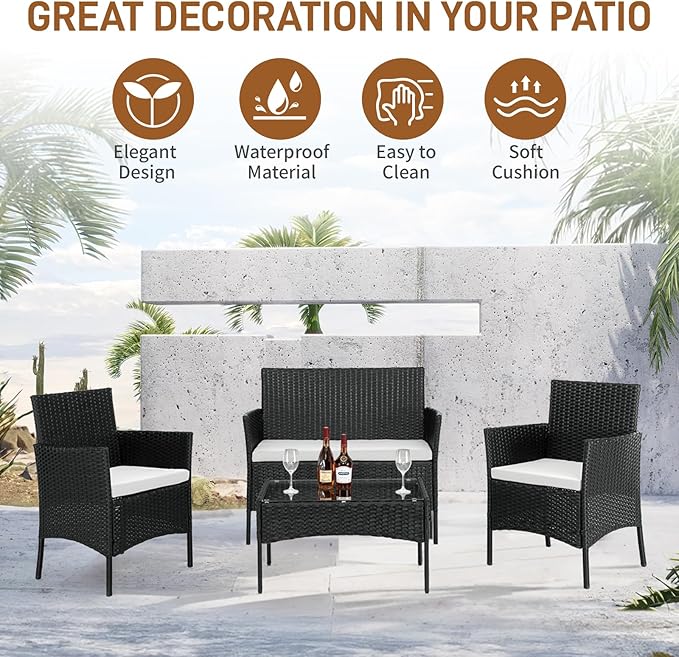 Outvita 4 Pieces Patio Furniture Set, Rattan Conversation Sets with Loveseat Soft Cushion and Glass Table for Garden Backyard Balcony Porch Poolside(Black) - LeafyLoom