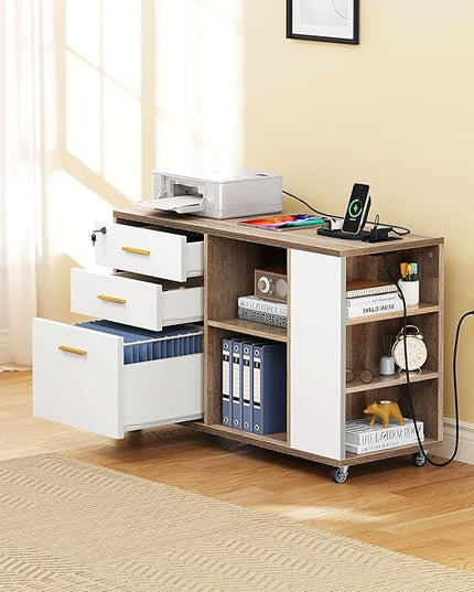 YITAHOME File Cabinet with Charging Station, Mobile Lateral Filing Cabinet with Lock for Home Office, Printer Stand with Open Storage Shelf, Fits A4, Letter, Legal Size Files, Grey Wash & White - LeafyLoom