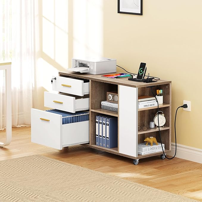 YITAHOME File Cabinet with Charging Station, Mobile Lateral Filing Cabinet with Lock for Home Office, Printer Stand with Open Storage Shelf, Fits A4, Letter, Legal Size Files, Grey Wash & White - LeafyLoom