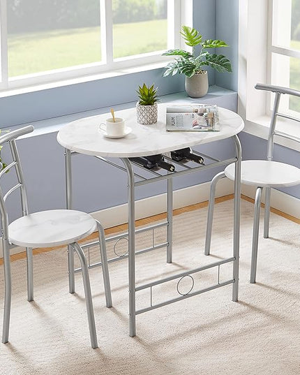 VECELO 3-Piece Dining Table Set for Kitchen Breakfast Nook, Wood Grain Oval Tabletop and Metal Frame with Built-in Wine Rack, for Small Spaces, 31.5", White & Silver - LeafyLoom