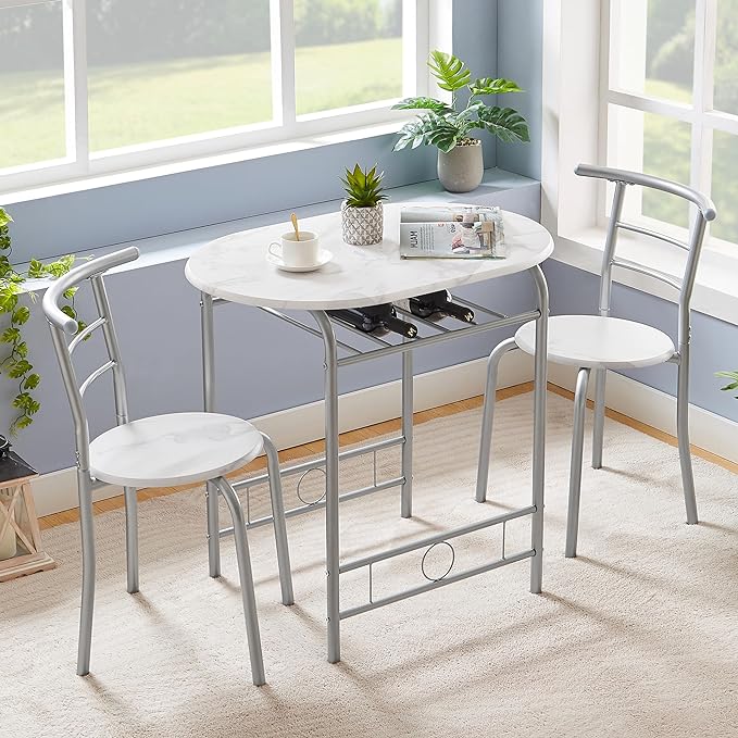 VECELO 3-Piece Dining Table Set for Kitchen Breakfast Nook, Wood Grain Oval Tabletop and Metal Frame with Built-in Wine Rack, for Small Spaces, 31.5", White & Silver - LeafyLoom
