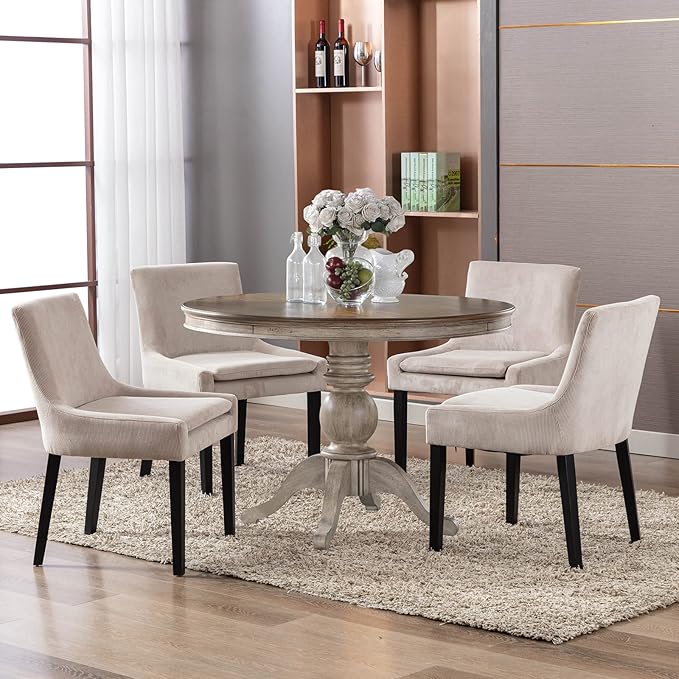 COLAMY Modern Dining Chairs Set of 4, Upholstered Corduroy Accent Side Leisure Chairs with Mid Back and Wood Legs for Living Room/Dining Room-Beige - LeafyLoom