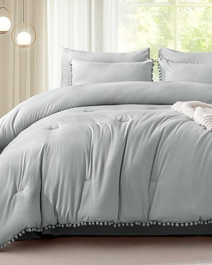Litanika Queen Size Comforter Set Light Grey,3 Pieces Light Grey Boho Pom Pom Lightweight Bed Comforter, All Season Soft Solid Color Bedding Comforter Sets (1 Comforter 90x90 Inch, 2 Pillowcases) - LeafyLoom