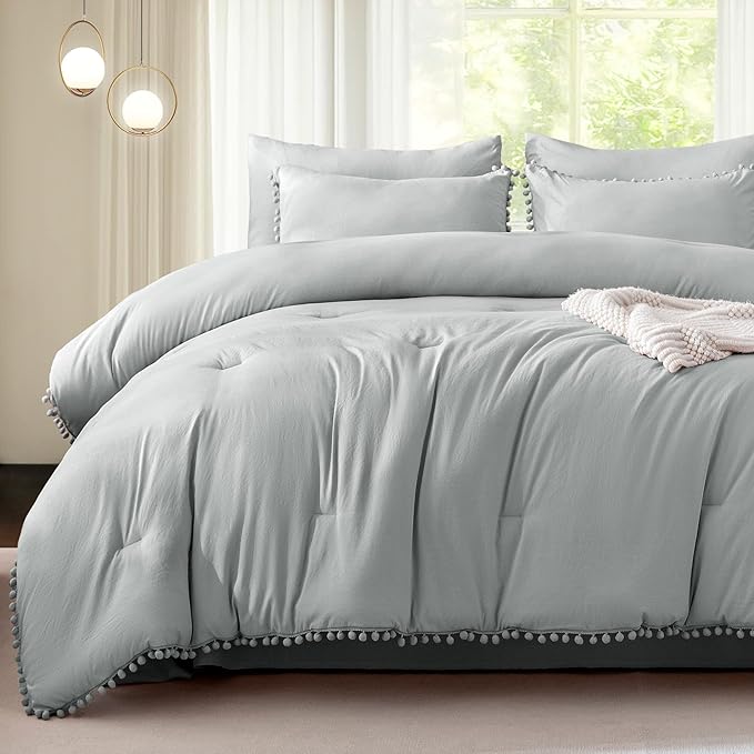 Litanika Queen Size Comforter Set Light Grey,3 Pieces Light Grey Boho Pom Pom Lightweight Bed Comforter, All Season Soft Solid Color Bedding Comforter Sets (1 Comforter 90x90 Inch, 2 Pillowcases) - LeafyLoom