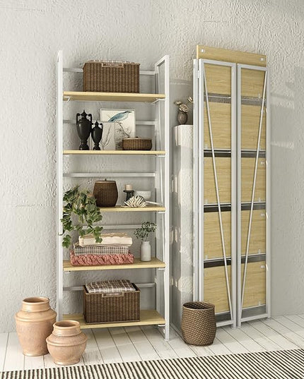 No-Assembly Folding Bookshelf Storage Shelves 5 Tiers Vintage Multifunctional Plant Flower Stand Storage Rack Shelves Bookcase for Home Office(White) - LeafyLoom