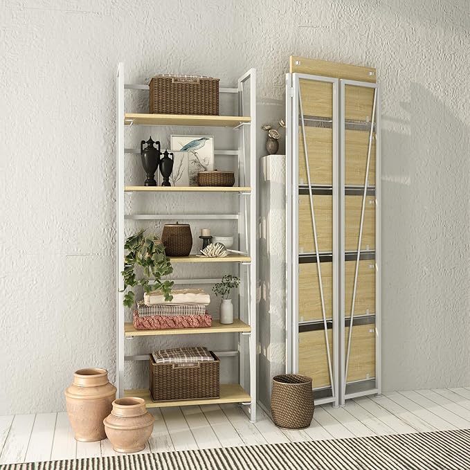 No-Assembly Folding Bookshelf Storage Shelves 5 Tiers Vintage Multifunctional Plant Flower Stand Storage Rack Shelves Bookcase for Home Office(White) - LeafyLoom