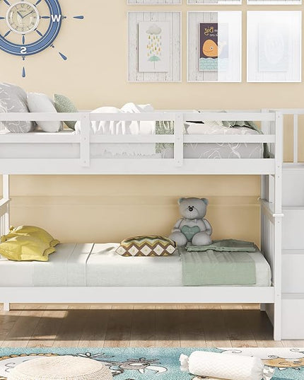 Twin Over Twin Bunk Bed with Storage Stairs, Detachable into Two Platform Bedframe, Wooden Bunkbeds with Staircase, Bedroom Furniture for Kids Teens Adults, White - LeafyLoom