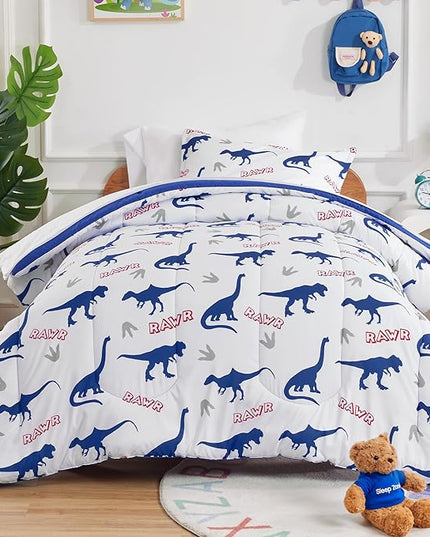 SLEEP ZONE Cartoon Dinosaur Comforter Set, Dark Blue Kids Bedding Set for Boys, Dinosaurs Print Comforter, Sheet, Pillowcase & Sham (Dinosaur Footprints, Twin) - LeafyLoom