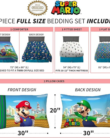 Franco Kids Bedding Super Soft Comforter and Sheet Set, (5 Piece) Full Size, Mario - LeafyLoom