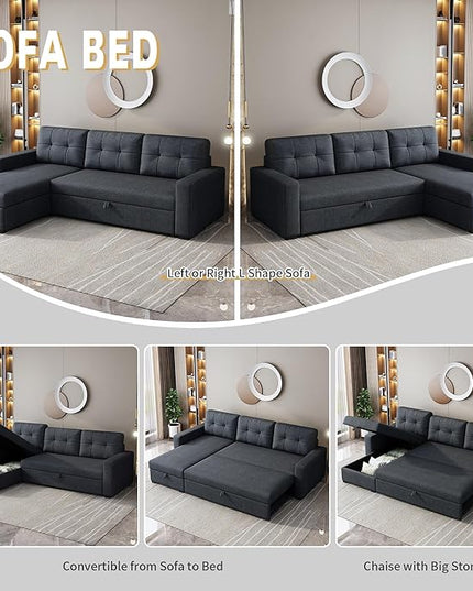 Sleeper Sofa Couch with Pull Out Bed,L Shaped Sleeper Sofa with Storage,Sectional Sleeper Couch,Convertible Sleeper Sectional Sofa W/Chaise and 3 Back Cushions,for Living Room,Office,Dark Grey - LeafyLoom