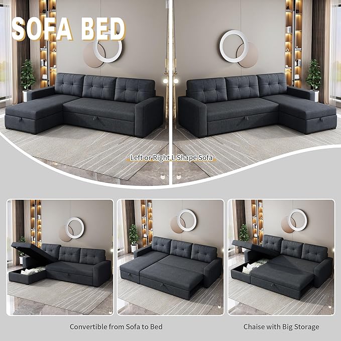 L Shaped Pull Out Couch with Storage Chaise,Convertible Sectional Sleeper Sofa Bed W/ 3 Removable Back Cushions for Living Room,Office,Apartment,Dark Grey,81.5" - LeafyLoom