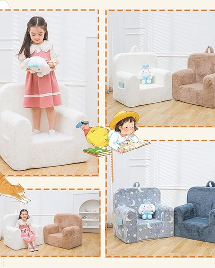 Snuggly-Soft Cuddly Toddler Plush Armchair for Boys and Girls Fuzzy Plush Kids Sofa Couch Reading Chair with Children Friendly Handle for Easy Movement & Double Pockets for Good Storage, Cream - LeafyLoom