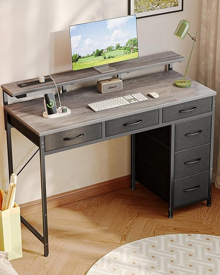 Gaming Desk with 6 Drawers, Computer Desk with LED Lights Power Outlets and Type-C, 39 Inch Office Desk with Storage, Monitor Stand, Writing Desk Work Desk for Home Office, Bedroom, Study, Grey - LeafyLoom