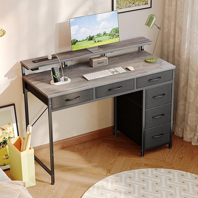 Gaming Desk with 6 Drawers, Computer Desk with LED Lights Power Outlets and Type-C, 39 Inch Office Desk with Storage, Monitor Stand, Writing Desk Work Desk for Home Office, Bedroom, Study, Grey - LeafyLoom