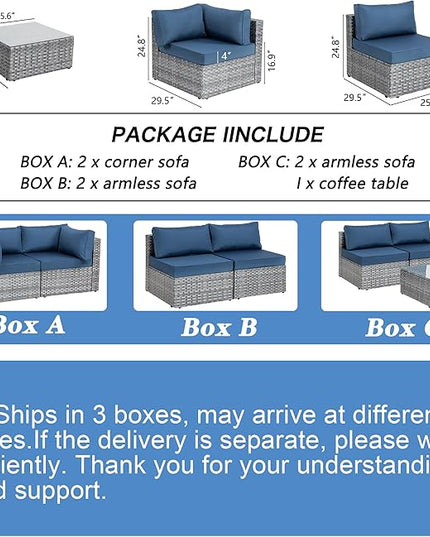 Shintenchi 7 Pieces Outdoor Patio Sectional Sofa Couch, Silver Gray PE Wicker Furniture Conversation Sets with Washable Cushions & Glass Coffee Table for Garden, Poolside, Backyard (Aegean Blue) - LeafyLoom