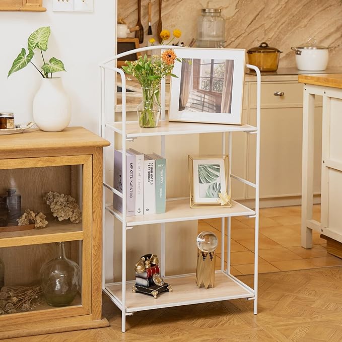 No Assembly Folding Bookshelf, 3 Tier White Bookshelf, Metal Book Shelf for Storage, Folding Bookcase for Office Organization and Storage, 12.6" D x 22.44" W x 42.13" H - LeafyLoom