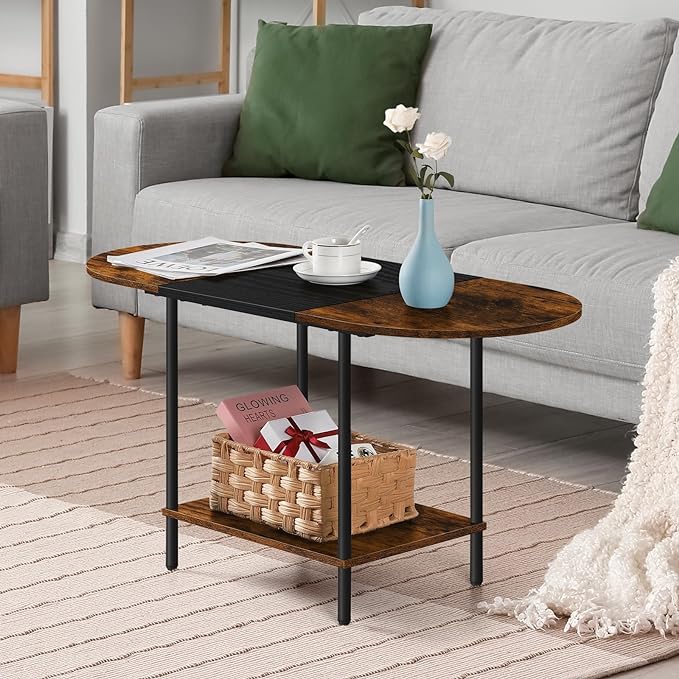 ETELI Small Round Coffee Tables for Small Space Farmhouse Oval Coffee Table with 2-Tier Storage Shelf Circle Center Tea Table for Living - LeafyLoom