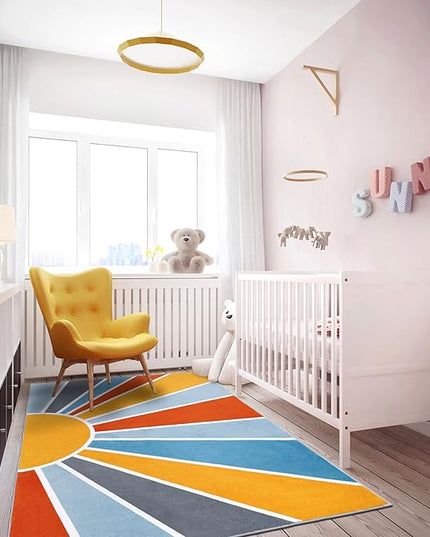 Topotdor Sun Rainbow Area Rug 4 x 6ft Boho Kids Nursery Rug, Colorful Washable Area Rug Ultra Soft Circle Classroom Rug Non-Slip for Bedroom Living Room Playroom Decor, Blue - LeafyLoom