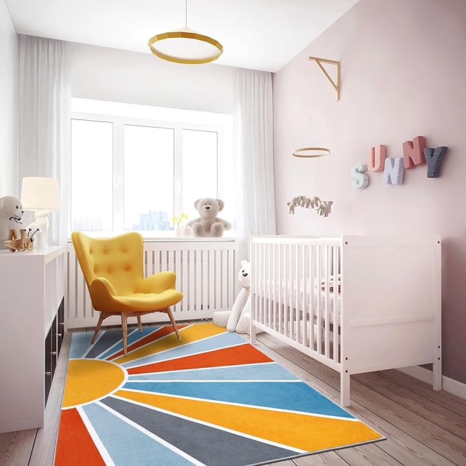 Topotdor Sun Rainbow Area Rug 4 x 6ft Boho Kids Nursery Rug, Colorful Washable Area Rug Ultra Soft Circle Classroom Rug Non-Slip for Bedroom Living Room Playroom Decor, Blue - LeafyLoom