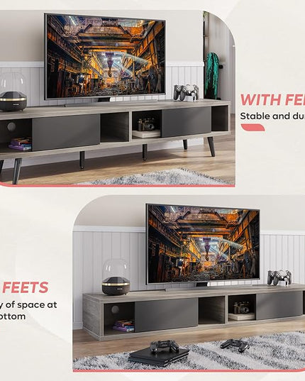 Bestier 70 inch Mid Century Modern TV Stand for 75 inch TV, Low Profile TV Stand with Storage, Entertainment Center for Living Room, Cord Management, Gray Wash - LeafyLoom