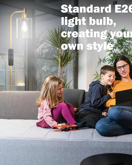 PAZZO LED Floor Lamp, Industrial Standing Lamp with Glass Lampshade, Ideal for Living Room, Bedroom, and Office,Gold(includes Remote Control) - LeafyLoom