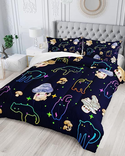 Mushroom Kawaii Cat Comforter Set Full Size Kids Mushroom Bedding Set Star Theme Quilt Bed Set for Boys Girls Adults with 1 Comforter and 2 Pillowcases - LeafyLoom