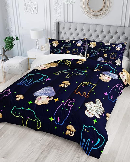 Mushroom Kawaii Cat Comforter Set Queen Size Kids Mushroom Bedding Set Star Theme Quilt Bed Set for Boys Girls Adults with 1 Comforter and 2 Pillowcases - LeafyLoom