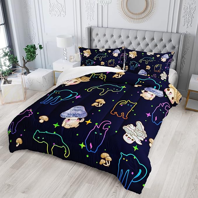 Mushroom Kawaii Cat Comforter Set Queen Size Kids Mushroom Bedding Set Star Theme Quilt Bed Set for Boys Girls Adults with 1 Comforter and 2 Pillowcases - LeafyLoom