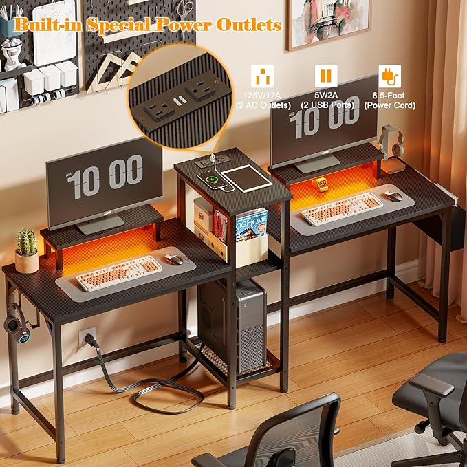 Furologee 2 Person Gaming Desk with LED Lights, 71 Inch Computer Desk with Power Outlets and Monitor Stand, Double Desk with Storage Bag and Headphone Hooks, Study Writing Table for Home Office, Black - LeafyLoom
